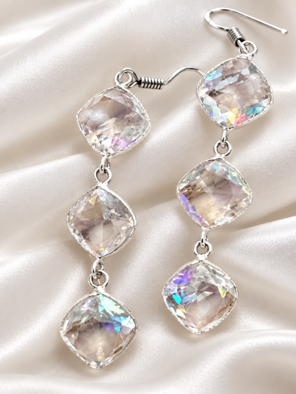 Silver 925  Triple-Cushion Fire Topaz  Drop Earrings -